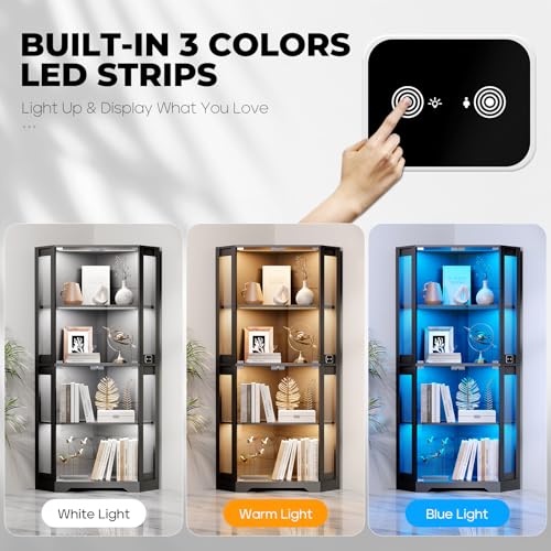 65-Inch Corner Curio Cabinet with LED Lights and Motion Sensor, 4-Tier