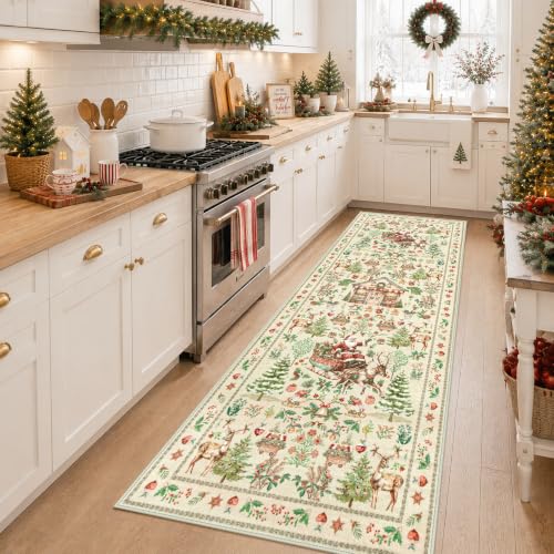 Rugalia Christmas Runner Rug 2.7x8 Beige Santa Claus Washable Hallway Rug