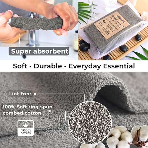 Gray 100% Cotton Washcloths 12"x12" - 6 Pack Soft Absorbent Bath Rags