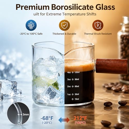 2 Pack Borosilicate Glass Espresso Shot Glasses with Handle, 5oz Barista Measuring Cups