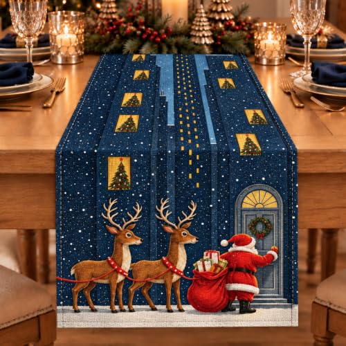 Bigwish Christmas Night Santa Reindeer Table Runner 13 x 90 Inch Holiday Decor