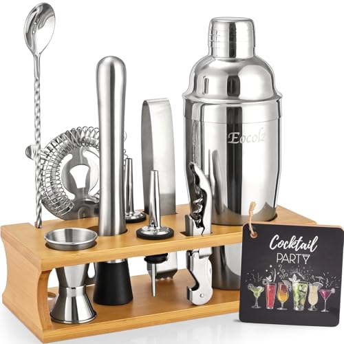 Eocolz Burlywood Silver 11-Piece Cocktail Bar Set with Stand, Shaker, Jigger & More