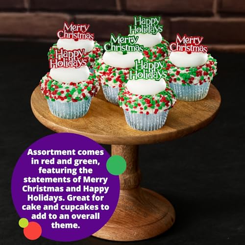 Holiday Tidings Christmas Cupcake Toppers - 24 Food Safe Decorations, Merry Christmas & Happy Holidays