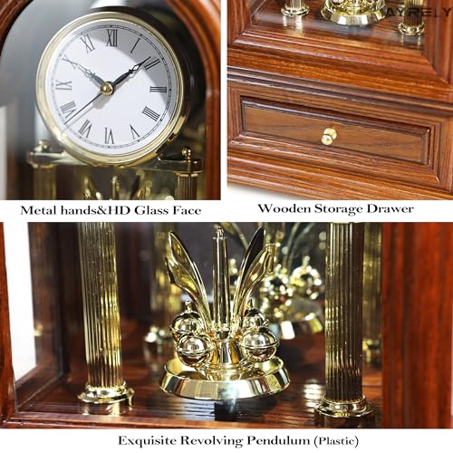 Vintage Wooden Mantel Clock with Revolving Pendulum and Storage Drawer