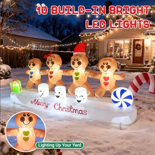 PopInflate 10 ft Gingerbread Christmas Inflatable with 4 Hands in Hand (Variation: Gingerbread) – Built-in 10 LED Lights
