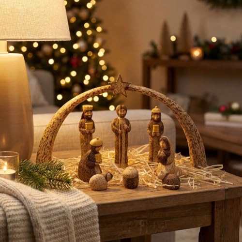 Rustic Wooden Nativity Scene Set - 9 Piece Tabletop Christmas Decor