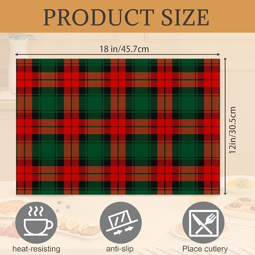 Christmas Plaid Placemats Set of 6 - Washable 12x18 Inch Linen Table Mats, Green & Red Holiday Decor