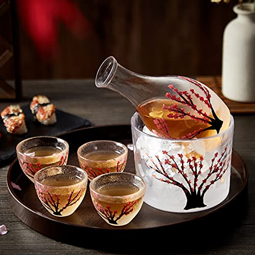 DUJUST Cherry Blossom Sake Set for 4 with Clear Glass Bottle & Cups - Pink Handcrafted Design