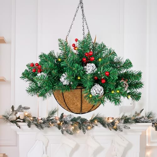 Ciaell 22inch Artificial Christmas Hanging Basket - Green Flocked Xmas Decor with Battery LEDs & Pine Cones