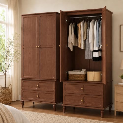71-Inch Mid-Century Modern Wardrobe Closet with Hanging Rod and Drawers
