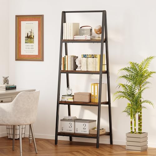 4-Tier Leaning Ladder Bookshelf, Industrial Wood Storage Rack for Home Office