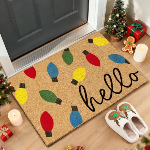 Christmas Coir Doormat with Colorful Xmas Light Bulbs - Indoor Outdoor Entrance Rug, 16.5 x 29 inches