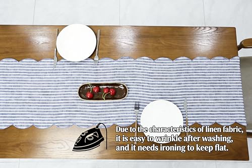 AORISSI 14x48 Linen Table Runner with Scalloped Embroidery, Blue Stripe Edges