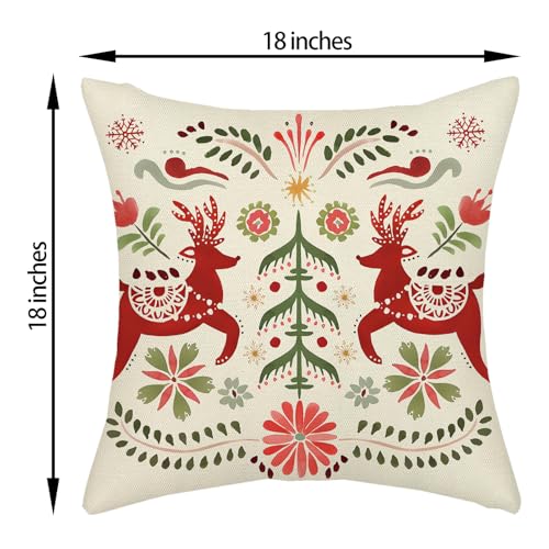 DAFENA 18x18 Inch Red Green Deer & Christmas Tree Holiday Throw Pillow Covers - Pack of 2