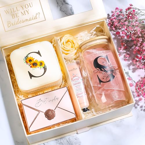Initial Jewelry Box and 16oz Glass Cup Set with Bamboo Lid and Straw