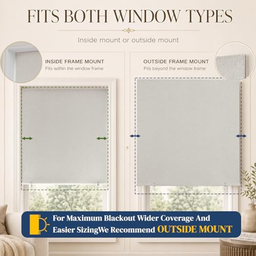 100% Blackout Roller Shades, No-Drill Adhesive Blinds - 35" W x 63" H Light Beige