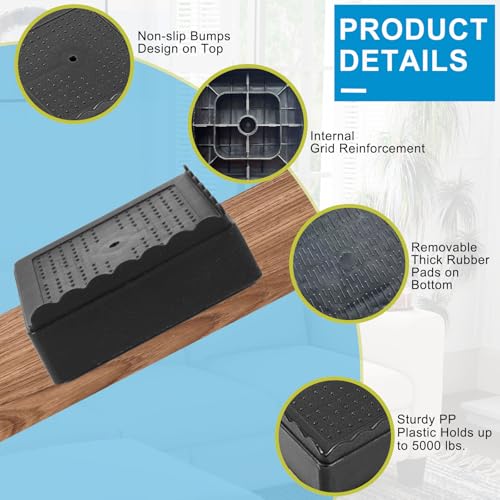 Heavy Duty Adjustable Bed Risers - Stackable Furniture Riser (4 Pack, Black)