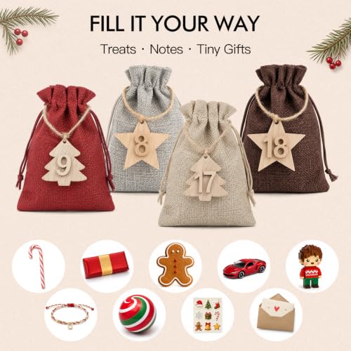 24-Pack Christmas Advent Calendar Gift Bags with Wooden Tags & Clips