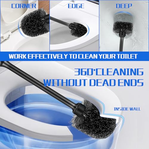 Black Toilet Brush and Holder Set (2 Pack) - Non-Slip Long Handle Scrubber