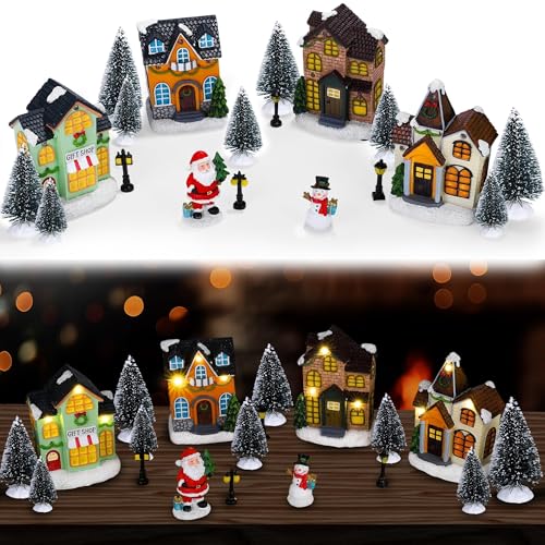 Aneco 19-Piece Christmas Village Set with Resin Houses Snowmen LED Lights & Trees