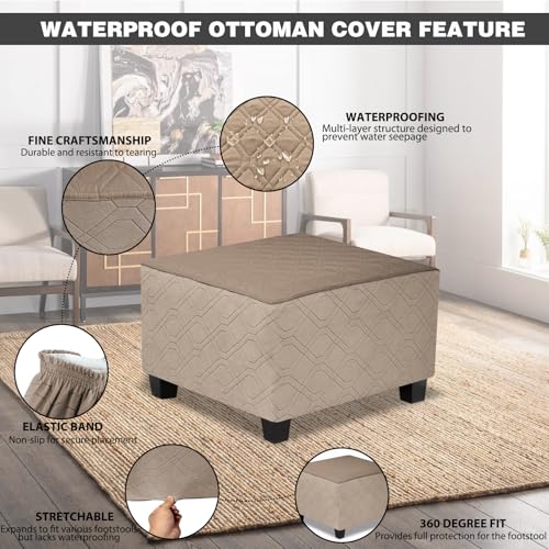 Waterproof Square Ottoman Cover - Medium, Light Brown Slipcover