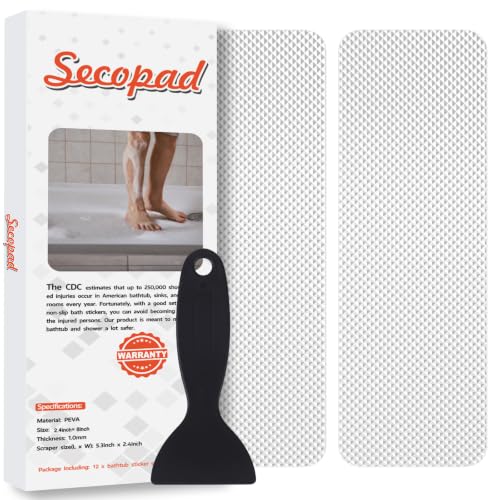Secopad Clear Non-Slip Bathtub Stickers (12 Pack, 2.4x8 in) with Scraper