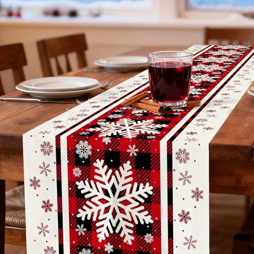 Christmas Table Runner 13x90 Inch Red & Black Buffalo Plaid Snowflake Pattern Linen
