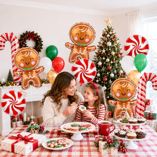 Gingerbread Man Candy Christmas Foil Balloons Set - 10PCS Holiday Party Decorations with Red Candy Cane & Lollipop Balloons