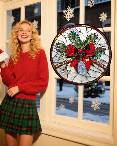 DASTOLL Christmas Pine Bow Stained Glass Window Suncatcher 7.8" Red & Green