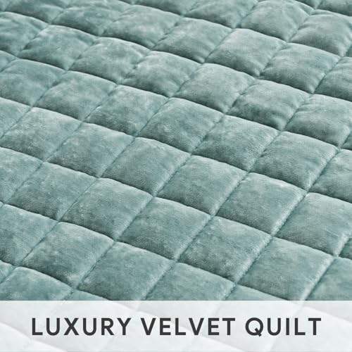 Luxury Channel Box Stitch Velvet Quilt Set, Full Queen, Aqua Green