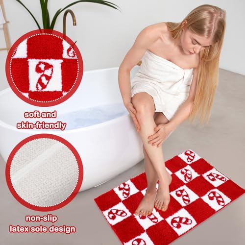 Christmas Rug Bath Mat with Candy Cane Checkered Design, Non-Slip 19.7 x 31.5 Inches