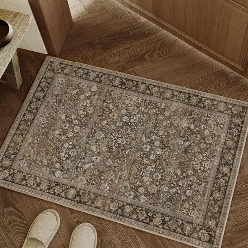 2x3 Vintage Floral Area Rug, Washable Non-Slip Low Pile Distressed Rug