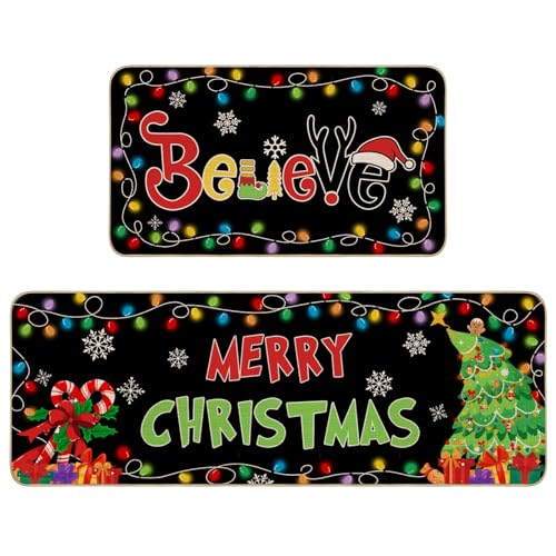 Mocsicka Christmas Kitchen Rugs Set of 2, 17x30 and 44x120 cm Non-Slip Decorative Mats