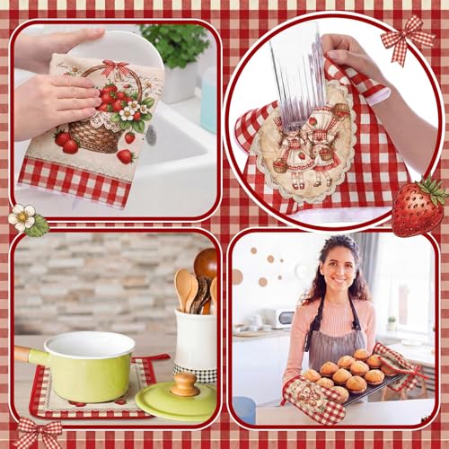 10-Piece Rustic Strawberry Kitchen Decor Set with Towels, Rugs, and Mitts