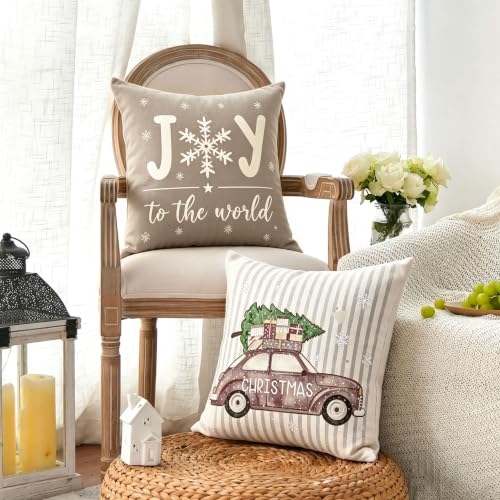Neutral Farmhouse Christmas Pillow Covers Set of 4 18x18 Inches Double-Sided Linen Blend Decor