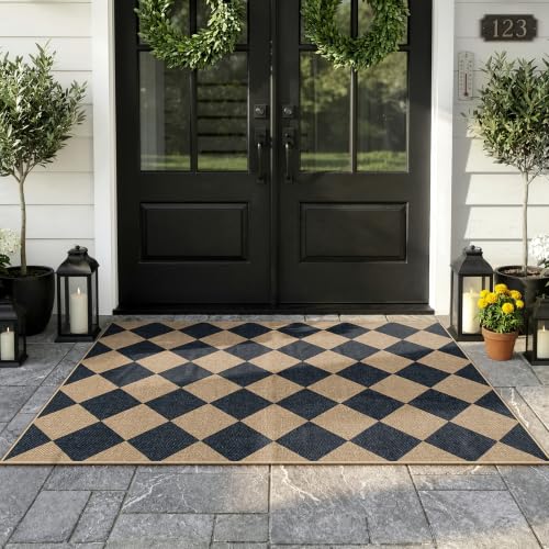 Checkered Jute-Look Area Rug 3x5, Washable Non-Slip Farmhouse Entryway Mat
