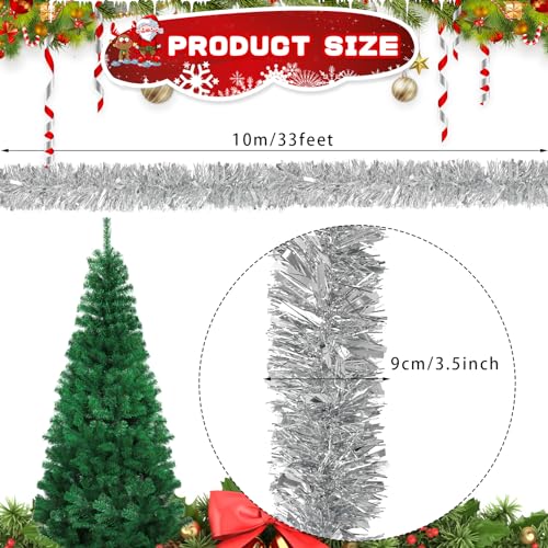 33ft Silver Metallic Tinsel Garland for Christmas Tree & Holiday Decor