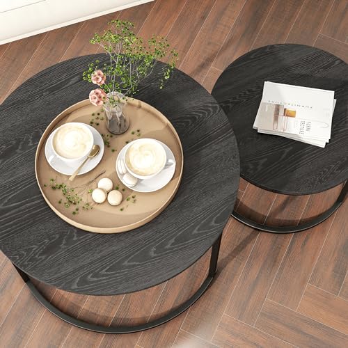 Round Nesting Coffee Table Set of 2, Wood and Metal Stackable Side Tables