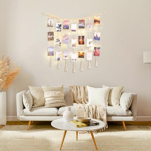 Macrame Wall Hanging Photo Display with 45 Clips and Wood Beads Garland