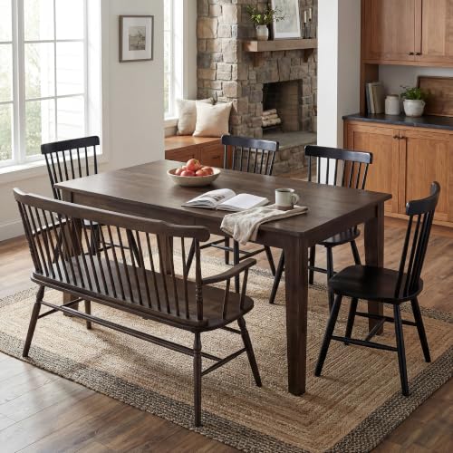 Rustic Solid Wood Farmhouse Dining Bench with Spindle Back and Armrest