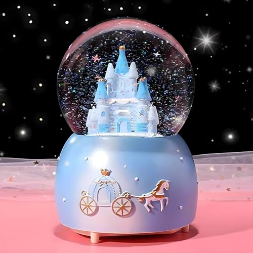 Blue Castle Musical Snow Globe with LED Lights and Automatic Snowfall