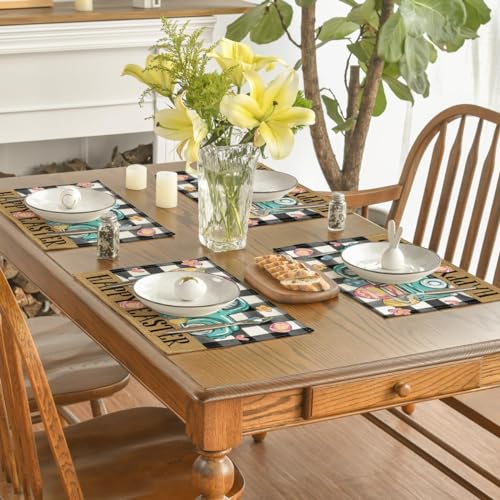 Artoid Mode 12x18 Inch Set of 4 Buffalo Plaid Carrot Egg Truck Easter Placemats, Rectangular Seasonal Table Decor