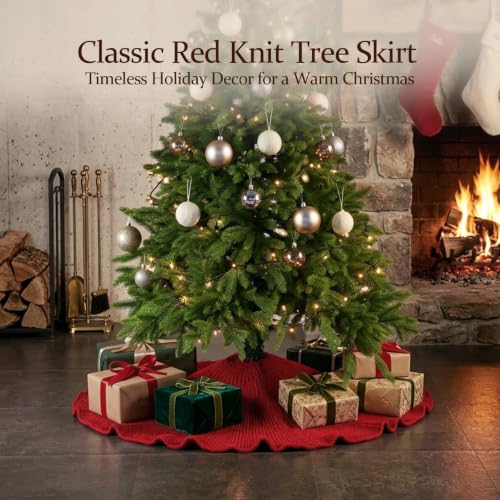 36 Inch Wine Red Knit Christmas Tree Skirt - Rustic Holiday Decor