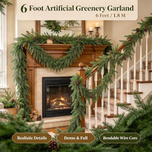 6ft Artificial Cedar Garland - Faux Evergreen Holiday Decor for Indoor & Outdoor