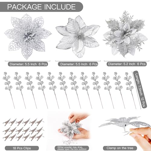 Sggvecsy Silver Christmas Glitter Poinsettia Flowers & Berry Picks, Artificial Holiday Decoration Set