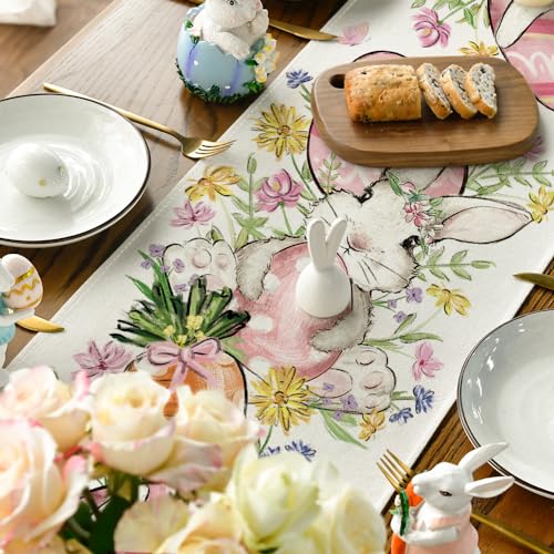 Artoid Mode Bunny Rabbit Egg Flower Easter Table Runner 13x72 Inch Beige Seasonal Spring Home Decor