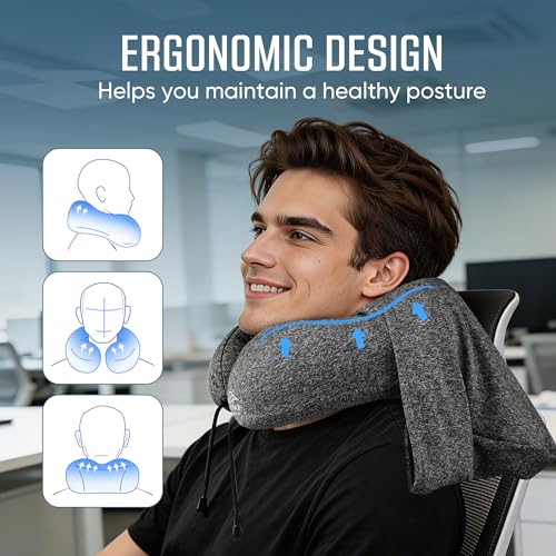 Travel Neck Pillow with Hood - Memory Foam for Airplane Sleep