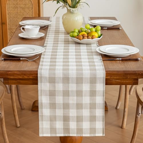 Alsoo Beige Gingham Table Runner 13 x 90 in - Cotton Linen Farmhouse Decor, Wrinkle Free