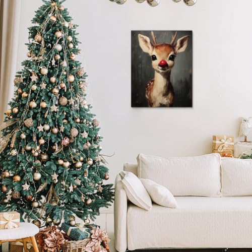 Reindeer Vintage Christmas Canvas Wall Art 8x10 - XIPLUM, Red Nose Whimsical Deer Print (Reindeer)