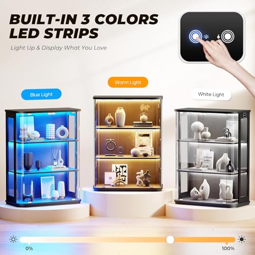 3-Tier Rounded Glass Display Cabinet with Motion Sensor LED Lights